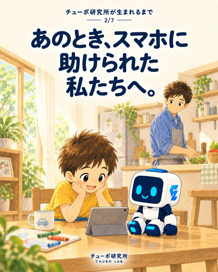 『あのとき、スマホに助けられた私たちへ。』子どもとチューボがタブレットを見て、保護者がそばで見守るイラスト