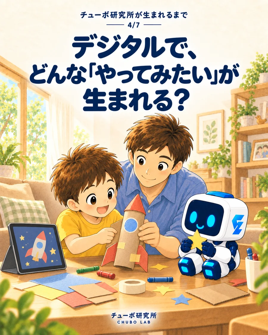 『デジタルで、どんな「やってみたい」が生まれる?』親子とチューボがタブレットで見たロケットを工作するイラスト