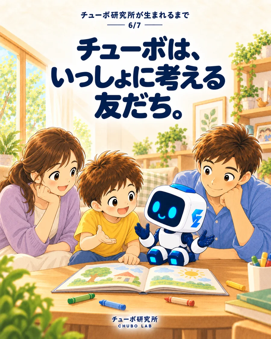 『チューボは、いっしょに考える友だち。』家族とチューボが絵本を囲んで話すイラスト