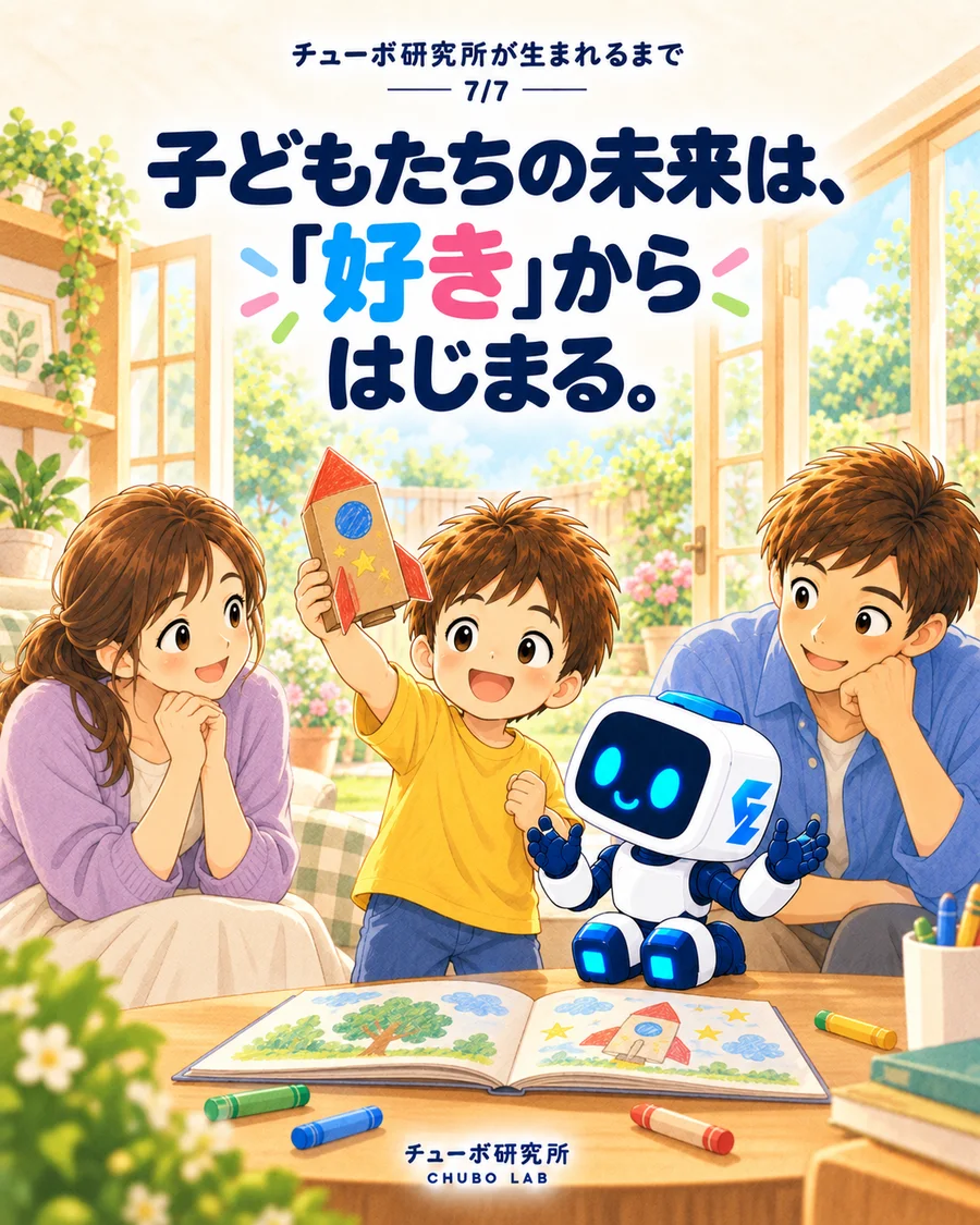 『子どもたちの未来は、「好き」からはじまる。』家族とチューボが子どもの作ったロケットを囲むイラスト