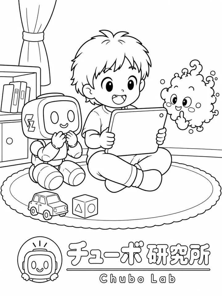 タブレットを持つはると、チューボ、ふわふわのキャラクターを描いたぬりえ