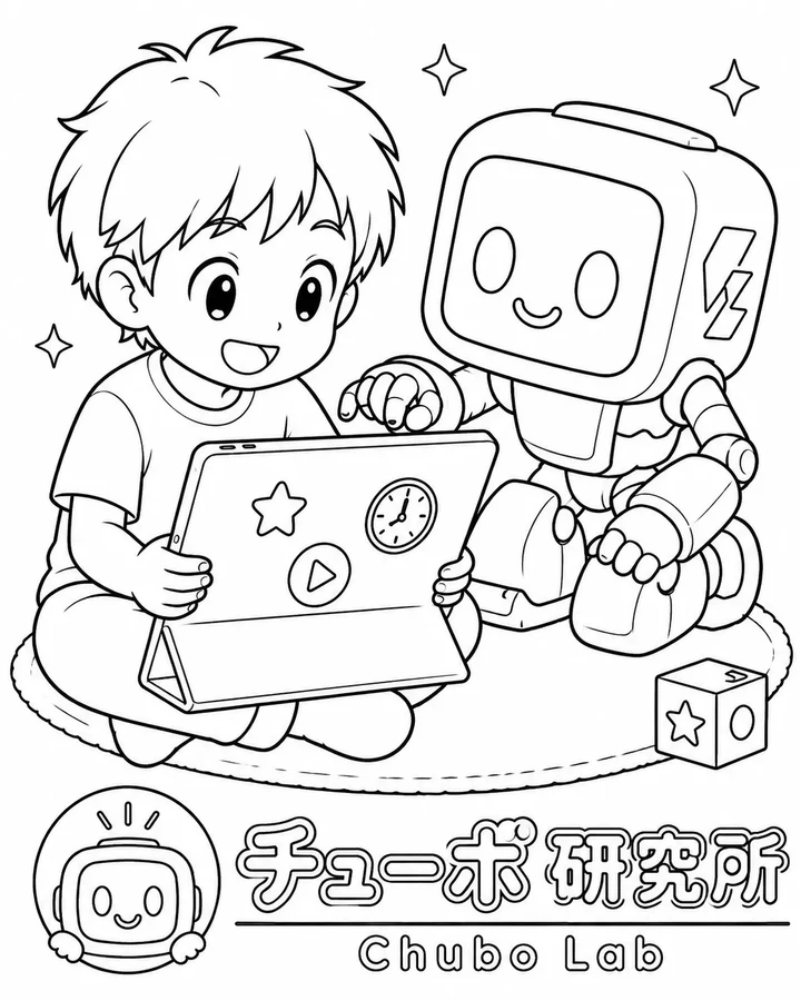 タブレットをいっしょに見るはるとチューボのぬりえ