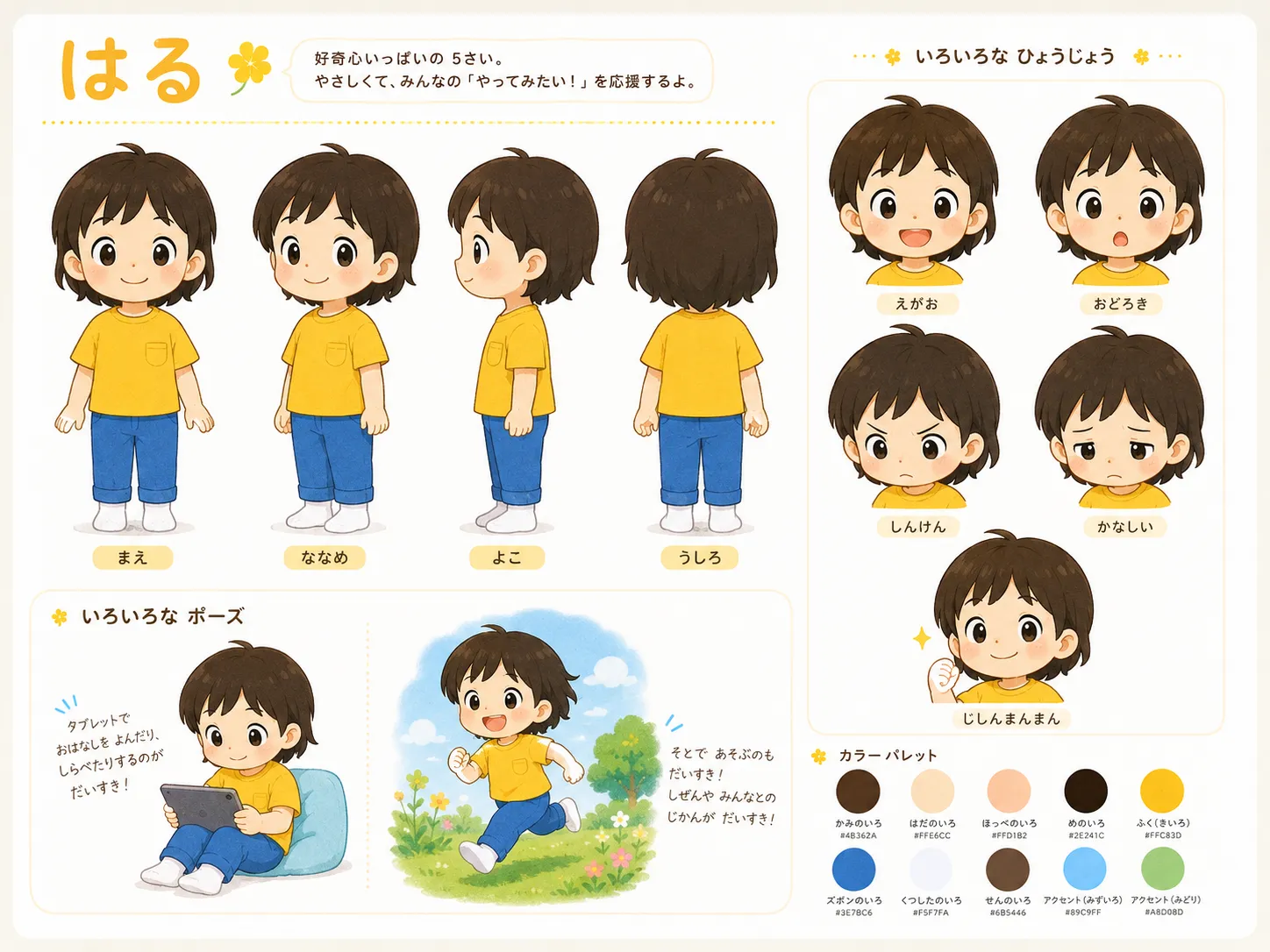 黄色の胸ポケット付きシャツ、青いパンツ、白い靴を身につけたはる